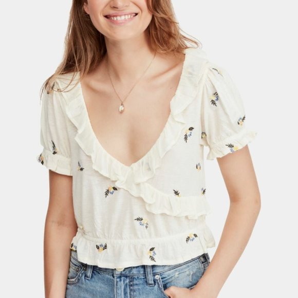 Free People Tops - FREE PEOPLE Women's Ivory Floral Short Sleeve V Neck Top Size Large NEW